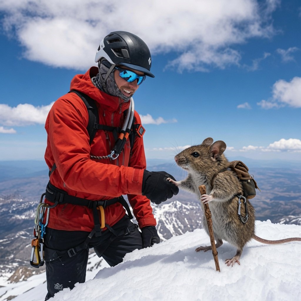 Dylan Coughran greeting the mouse at the summit of Mount Baker